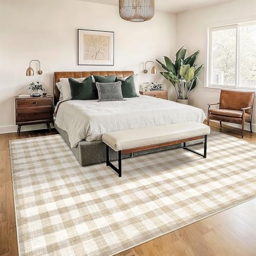 Image of Checkered Area Rug, 9x12, Beige | Washable, Non Slip, Modern Neutral, For Living Room Bedroom Office Patio Dining Room