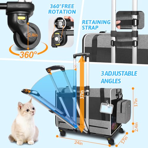Petskd Extra Large Cat Carrier with Wheels and Litter Box 24"x17"x17" for Large Cat or 2 Small Cats, Collapsible Soft Sided Pet Carrier for Car Travel with Lockable Safety Zippers(Grey) - Thumbnail 3