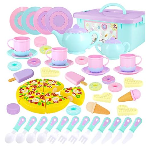 SevenQ 51 Pcs Tea Set for Little Girls, Kids Tea Party Set Princess Pretend Play Food Toys with Teapots, Teacups, Dishes, Cookies, Dessert, Pizza, for Toddlers, Boys, Girls