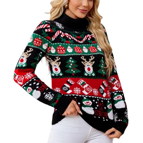 Funny Ugly Christmas Sweater for Men Women Xmas Sweaters High Neck Knitted Sweater Snowflake Sweater Pullover Sweater (Black L)2