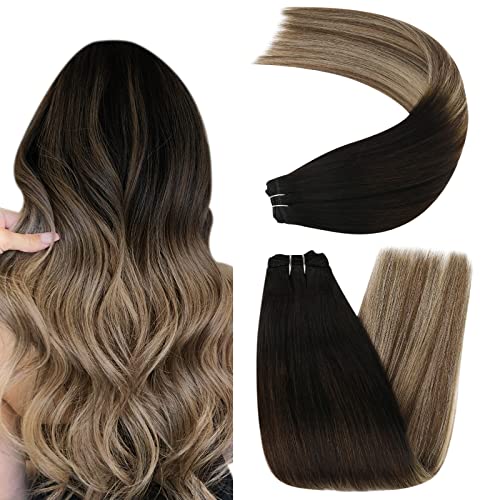 Sew in Hair Extensions Human Hair Balayage Double Weft Hair Extensions 18inch Natural Black to Brown with Ash Blonde Human Hair Weft Extensions Remy Hair Sew in Extensions 100g