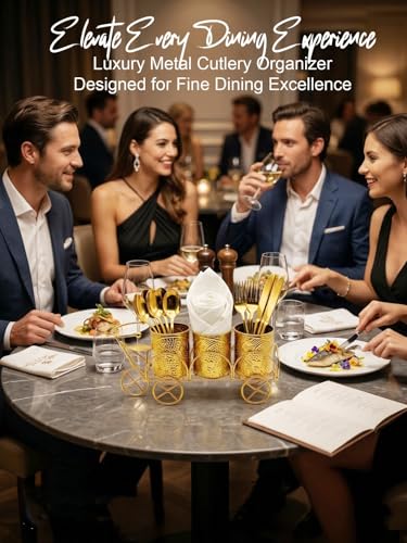 Image of Metal 3-Compartment Cutlery & Tissue Holder | Galvanized Gold Finish Spoon Fork Stand for Dining Table & Kitchen | Multi-Purpose, cutlery set for dining table , Forks, Knives & Napkins,cutlery holder