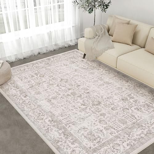 Light Brown Area Rug 9x12 Machine Washable Large Vintage Living Room Distressed Non Slip Carpet Traditional Indoor Bedroom Retro Floral Accent Throw Rug for Office Kitchen Dining Room
