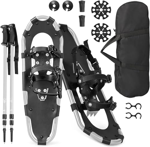 GYMAX Juego de Raquetas de Nieve 3en1, Bastones de Trekking, Bolsa de Transporte, 53/63/76 cm Raquetas de Nieve de Aluminio, Excursiones de Montaña y Trekking, para Adultos y Jóvenes (Plata, 53 cm)