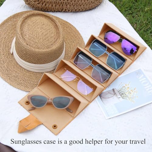 Image of Sunglass Case for Men or Women Hard Multi Eyeglasses Case Box Portable 5 Slot Glasses Organizer Holder Eyewear Bag (Light brown-camel inside)