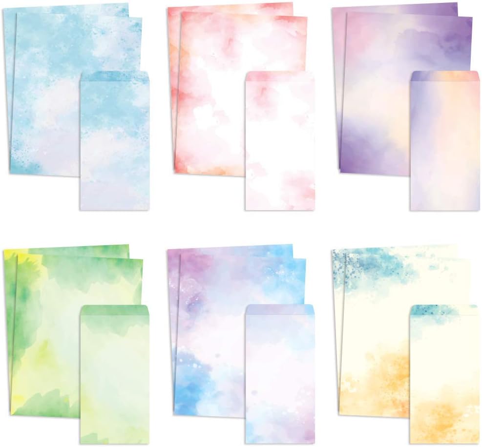 Stationery Paper and Envelopes Set of 48 Watercolor Letter Writing Paper, Decorative Printer Stationery Sheets with Assorted Designs - Double-sided Printing - 8.5 x 11 Inch : Office Products