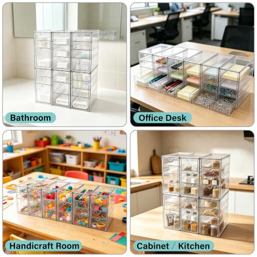 Image of Prsildan Stackable Desk Organizers with 20 Drawers, Craft Storage Drawer | Anti-slip Clear Acrylic Teacher Toolbox, Makeup Vanity Organizer for Nail, Bathroom Kitchen Office Organization, 6 Pack