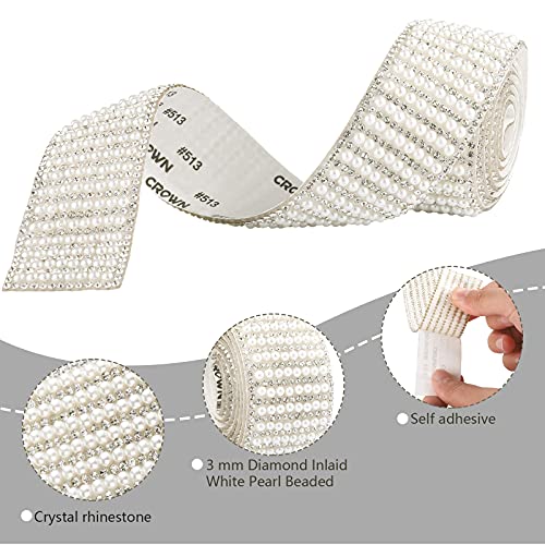 3 Pieces Self Adhesive Crystal Rhinestone Ribbon Sticker Crystal Chain Banding 3 Mm Diamond Inlaid White Pearl Beaded (White,White, 1.18 Inch X 3 Yard) #TOP2
