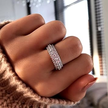 RKKOJJO 925 Sterling Silver Ring 18K Cubic Zirconia Promise Cocktail Rings CZ Diamond Multi Row Ring Eternity Engagement Wedding Band Ring for Women Size 7