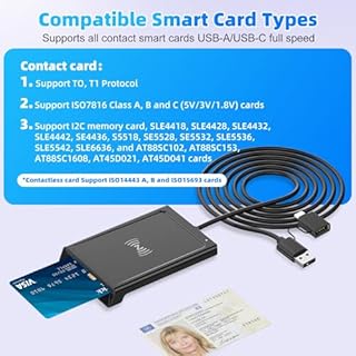Lettore di carte con chip USB-A + USB-C con NFC,lettore di smart card USB-A +C Lettore DOD per carta d'identità e bancomat compatibile con Windows,Linux e Android,cavo da 95 cm