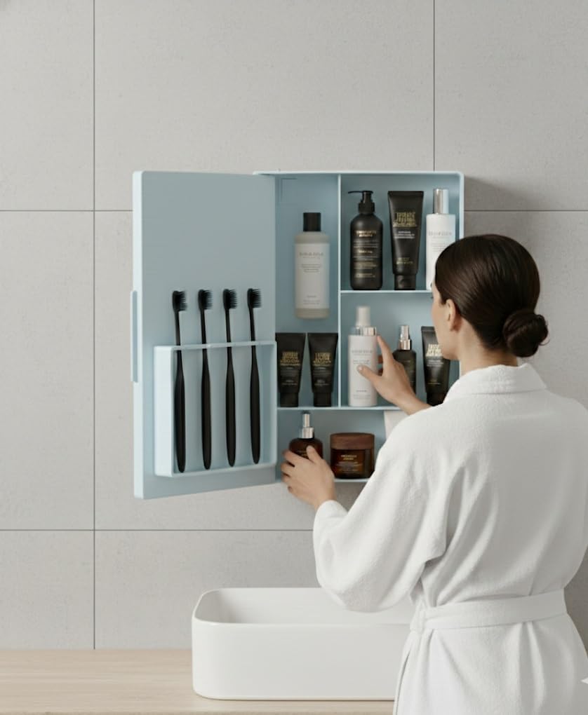 Wall Mounted Bathroom Mirror Cabinet with Storage – Plastic Bathroom Organizer with Toothbrush Holder & Shelves for Wash Basin (10 x 14 Inch, Blue)