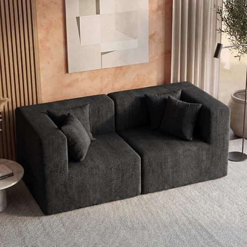 Image of MONVANE 75 inch Loveseat Sofa, Comfy Chenille Modular Sectional Sofa with 4 Pillows, Modern Deep Seat Boneless Couch, 2 Seater Sofa for Living Room, Bedroom and Apartment, Black