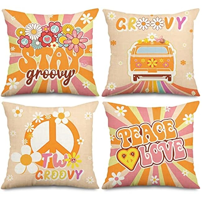 Whaline Groovy Hippie Boho Pillow Covers 18 x 18 Inch Retro Groovy Throw Pillow Cover Set of 4 Colorful Boho Daisy Flowers Linen Cushion Cover for Birthday Holiday Home Couch Sofa Decoration