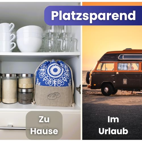 Foto von slowroom Brotbeutel 30 x 34 cm und Brotkorb 2 in 1 - Brotkorb Stoff - doppelte Leinenschicht - Brötchenbeutel Atmungsaktiv und Dekorativ - Brotkörbchen Leicht zu Pflegen, Azur