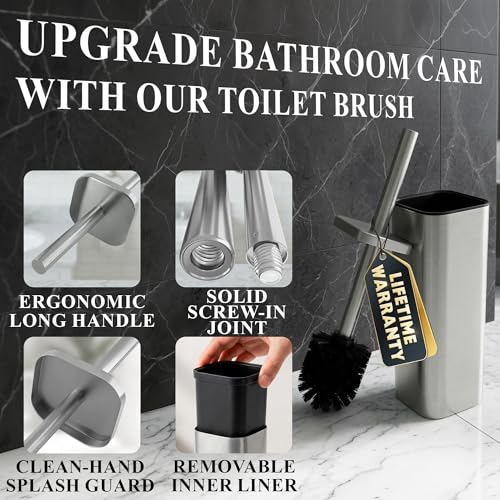 Image of Toilet Brush with Square Holder - Toilet Brush and Holder Set Silver, Stainless Steel Handle with Splash Shield, Replaceable Head and Removable Inner Cup - Freestanding Bathroom Toilet Cleaning Set