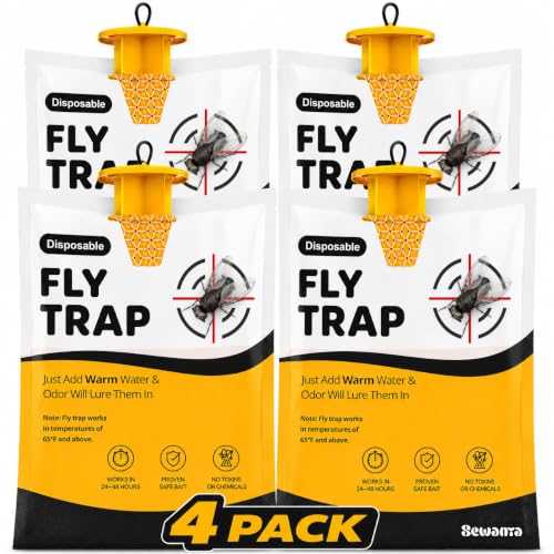 Outdoor Fly Trap Bags [Set of 4] Disposable Fly Traps Outdoor - Hanging Fly Traps with dissolvable Non-Toxic Bait - Bug Catcher Killer for All Flies for Outside Bug Control Patio Barn and Ranch Etc
