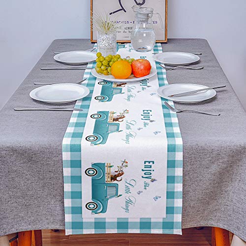 Teal Green Table Runner, 13 X 70 Inch Farm Truck Carrying Dog Flower Turquoise White Buffalo Plaid Table Runner For Holiday Family Dinner, Farmhouse, Indoor Or Outdoor Parties(Cotton-Polyester Blend) #TOP2