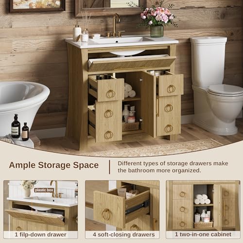 IRONCK 36" Bathroom Vanity with Sink, Freestanding Bathroom Sink Cabinet with 4 Drawers & 1 Flip-Down Drawer, Wood Grain Texture, Metal Handle, Farmhouse