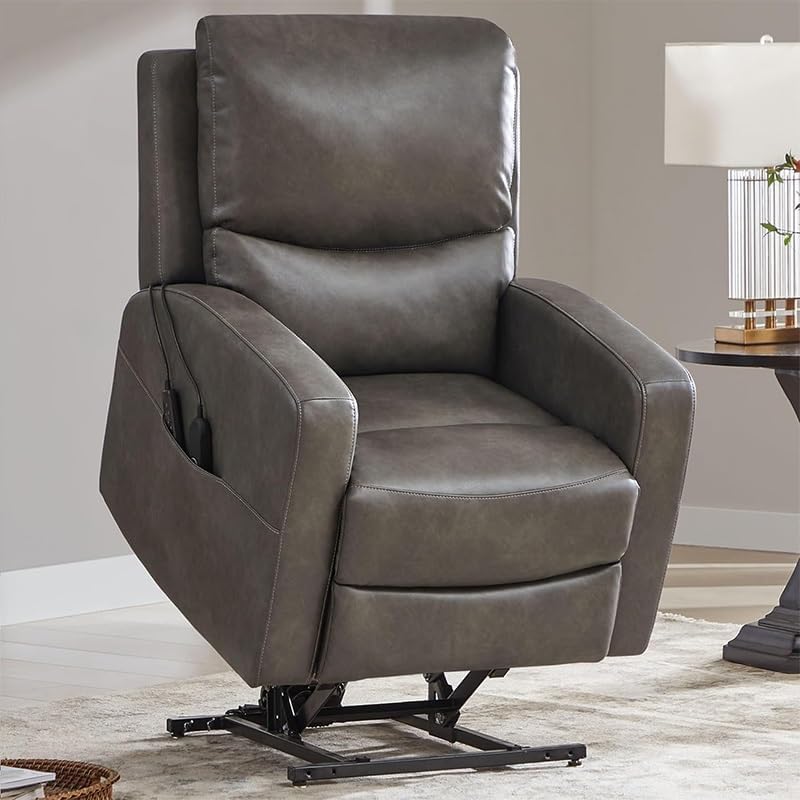 Power Lift Recliner Sofa with Genuine Leather Upholstery, Oversized Design, Heat and Massage, Remote Control, Cup Holders, and USB Ports for Living Room Adults