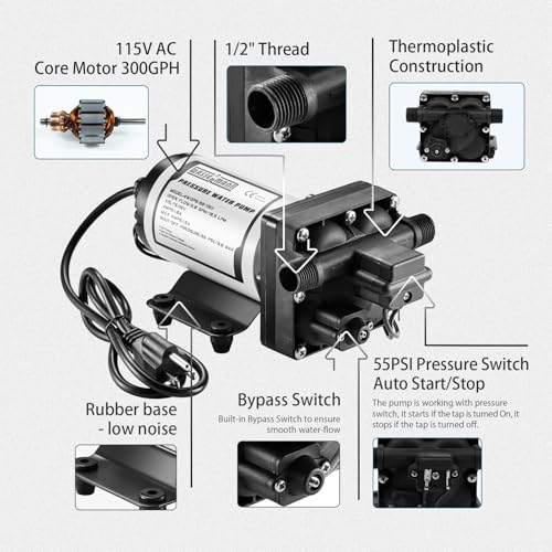 Image of WASSERMANN RV Water Pumps Pressure Pump 115V AC with Pressure Switch, Self-priming Water Pump 5.0GPM 55PSI, Fresh Water Pump for RV Kitchen Barthroom Marine Yacht Garden Diaphragm Pump