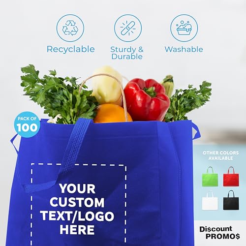 DISCOUNT PROMOS Custom Jumbo Sized Tote Bags Set of 100, Personalized Bulk Pack - Reusable Grocery Bags, Shopping Bags, Promotional Item Totes for Women - Blue - Thumbnail 2