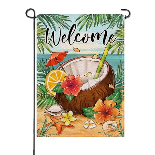 Artofy Welcome Summer Coconut Small Decorative Garden Flag, Beach Coastal Hawaii Tropical Plant Yard Lawn Outside Decor, Spring Palm Leaves Hibiscus Burlap Outdoor Home Decoration Double Sided 12 x 18