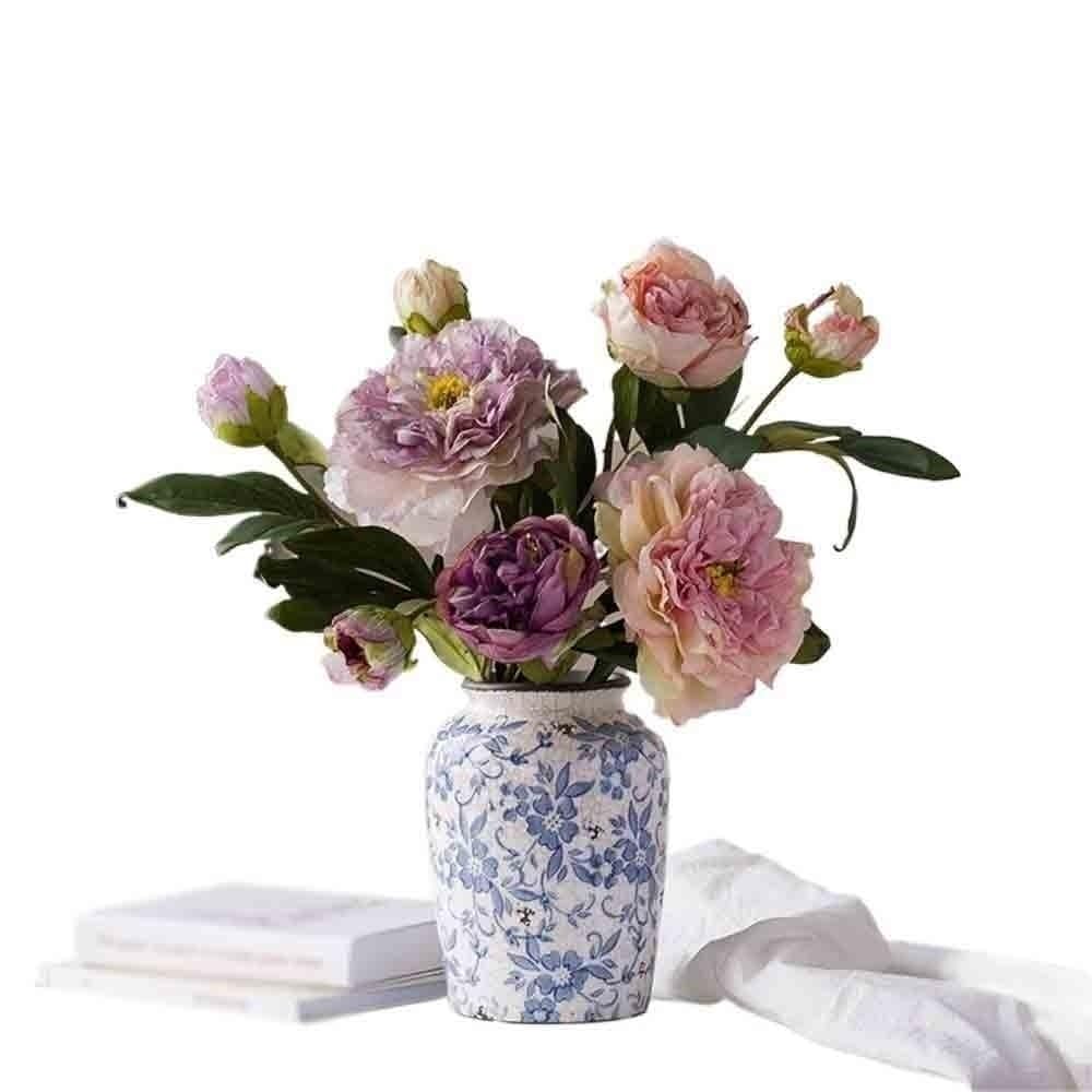 Kx9Lb8d Fake Flowers in Vase Multi-color Guifei Peony with Ceramic Vase Living Room Decorative Arrangement Chinese Table Fake Flowers for home decor