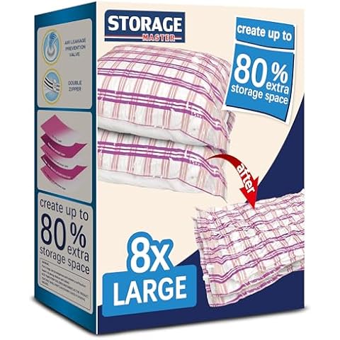 Storage Master Space Saver Bags for Travel and Home Reusable Vacuum Storage Bags Save 80% More Storage Space Work with Vacuum Cleaner + Travel Hand Pump (8 Large) Cover
