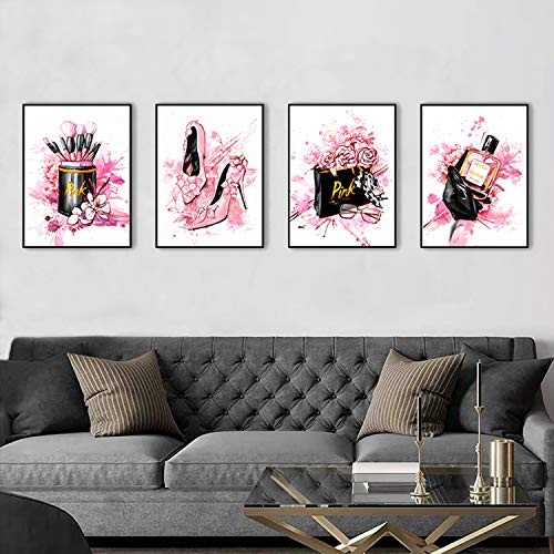 Women Fashion Canvas Wall Art,Pink Bedroom Wall Decor, Perfume Modern Art Posters?Fashion High Heels, Makeup Brush, Girls Room Decor, Black and Pink Fashion Poster