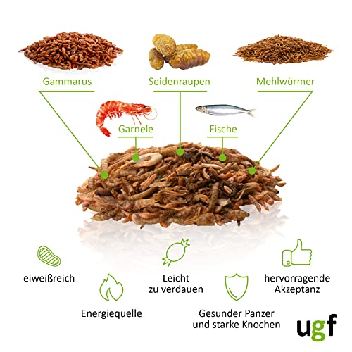 UGF - Universal Schildkröten Futter Mix - 500g im 3 Liter Eimer, Ausgewogenes Schildkrötenfutter, Gammarus, Seidenraupen, Mehlwürmer, Garnelen und getrockneter Fisch, Wasserschildkröten Futter