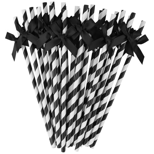 24 Packs Black Bow Biodegradable Striped Paper Straws Black and White Disposable Drinking Straws for Birthday Carnival Summer Pool Party Wedding Baby Shower Halloween Party Decoration Supplies