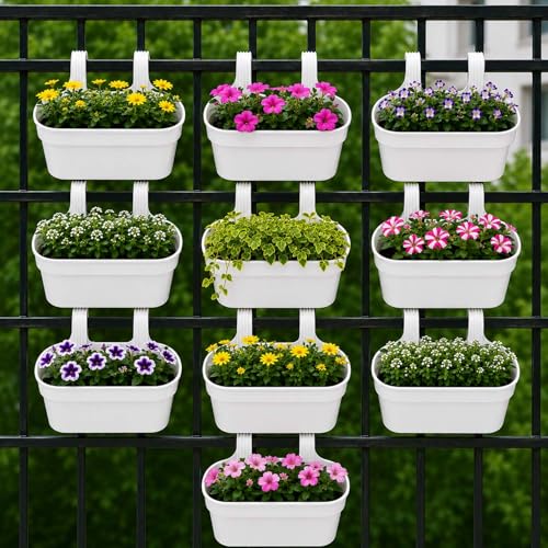 Image of Go Hooked 12 Inch Plastic Railing Hanging Planter Pot Set of 10 | Rectangular Flower Pots with Double Hook for Garden Fence Balcony Indoor Outdoor Home Decor | Durable Plant Container (White)