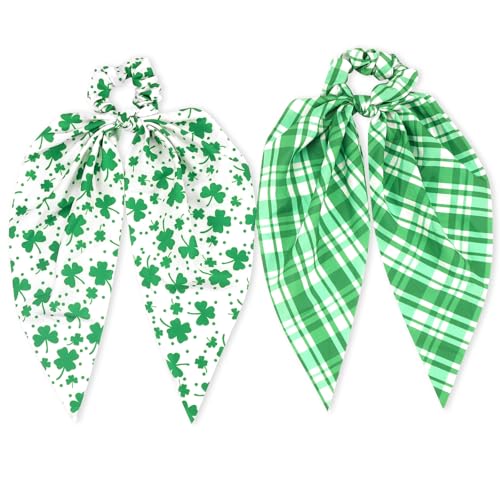 St.Patrick's Day Hair Ties for Woman Girls Green Plaid Shamrock Ribbon Hair Scrunchies Elastic Irish Lucky Leaf Hair Tie St.Patricks Party Supplies Hair Accessories 2PCS