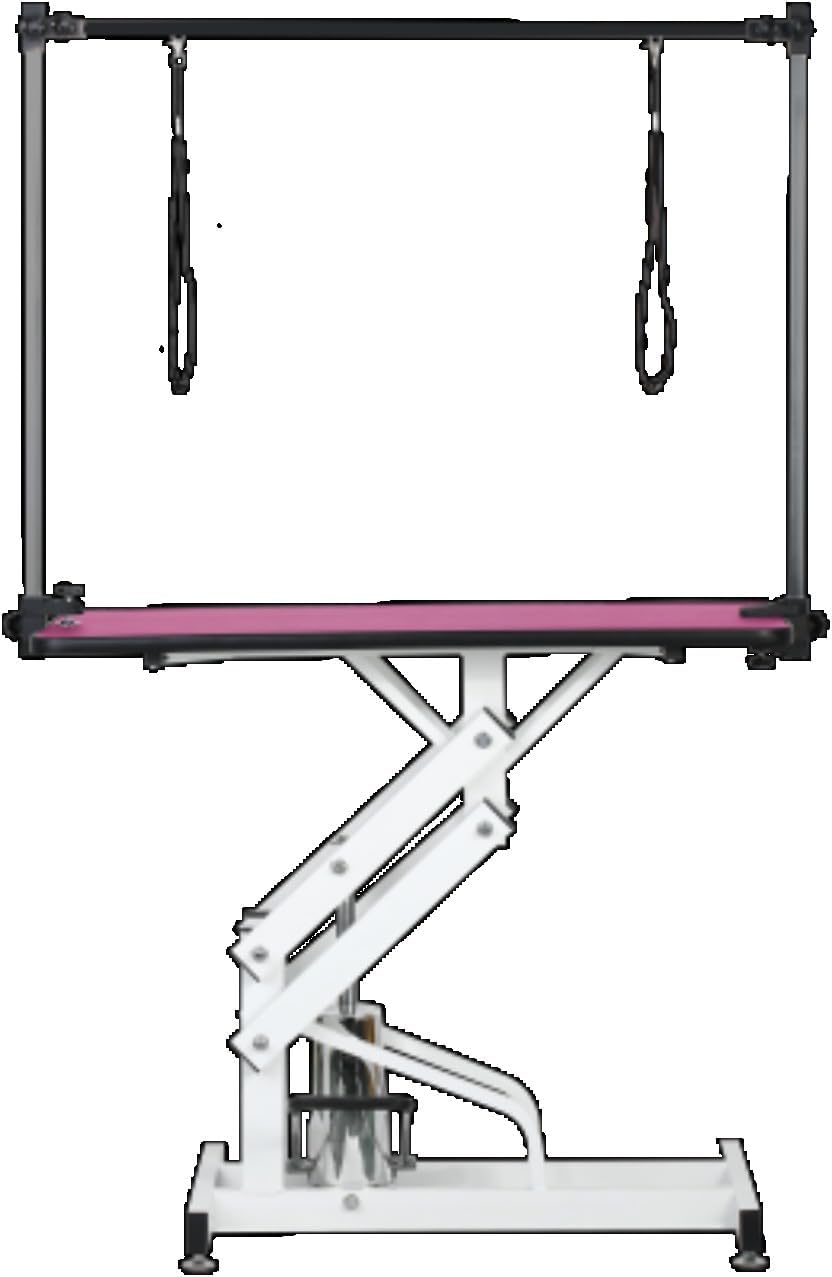 42.5" Hydraulic Pet Grooming Table, Folding Pet Grooming Table, Hair Trimming Table with Pet Retention Leash, Height Adjustable, with H Shaped Armrests, Pink