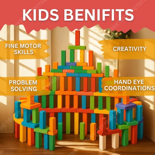 Image of TOYTONIC 120 Pcs Colorful Wooden Building Blocks Educational Board Game for Kids-Educational Domino Set for Boys & Girls - Indoor Fun Games & Party Activities - Toys for Ages 3 to 12 Years(12 Colors)