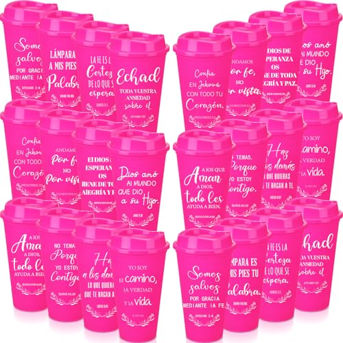 Zhehao Spanish Bible Verse Tumblers Bulk, 16 oz Reusable Christian Cups with Lids, Plastic Coffee Cups for Church Events, Bible Study, Sunday School, Teacher Appreciation(Rose Red,24) by Zhehao - Used condition - US$15.20
