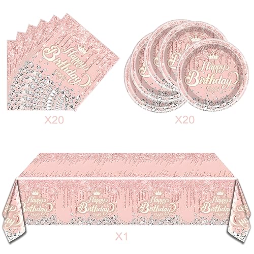 Oulun Pink Rose Gold Party Tableware Set,Pink Happy Birthday Theme 20 Plates And 20 Napkins And Tablecloths 71 '' X 42 '' For Girls Women Silver Glitter Birthday Party Supplies thumb #2