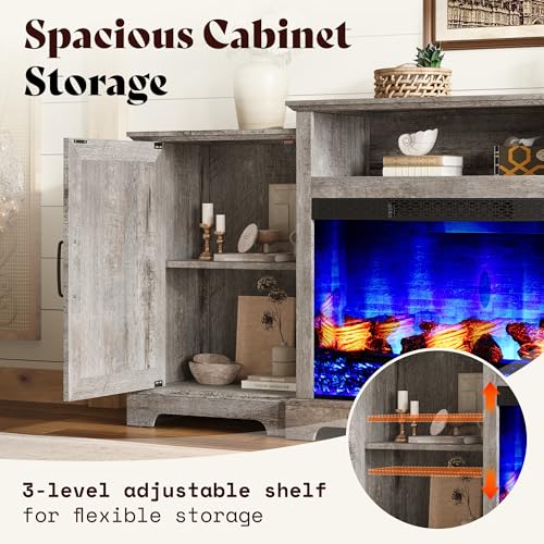 Image of AMERLIFE 70 inch Farmhouse Fireplace TV Stand with Storage for TVs up to 80 inch | Entertainment Center with 29 inch Electric Fireplace, Media Console with 2 Cabinets & Adjustable Shelf, Light Grey