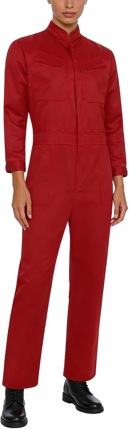 Sholeno Womens Dustproof Coveralls Solid Color Cotton Stand Collar Front Zipper Work Overalls
