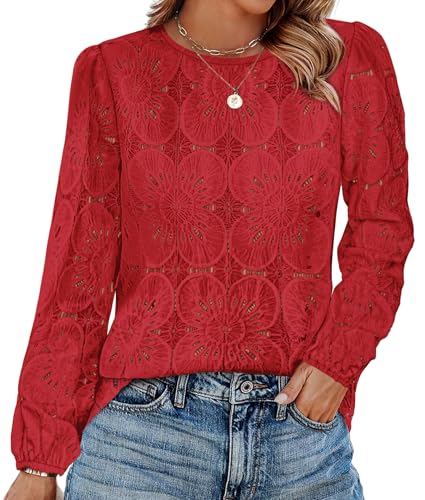 Image of OFEEFAN Blouses for Women Dressy Casual Spring Tops 2026 Summer Outfits Flower Lace Crochet Long Sleeve Shirts