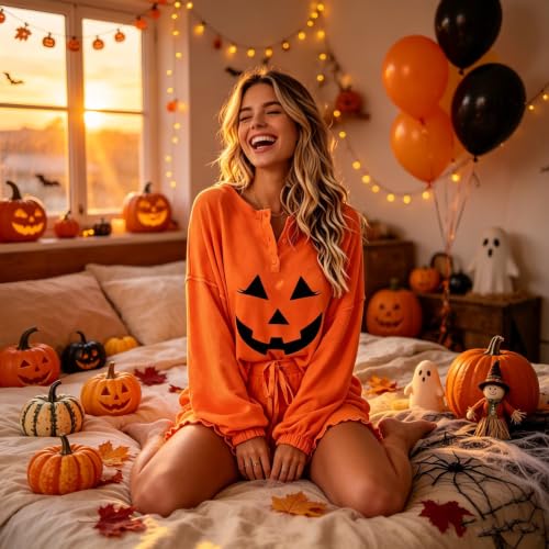 Image of Roshop Halloween Pajama Women's Pumpkin Top & Shorts Loungewear Set