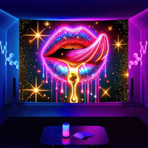 Image of BlissYard Lip Black light Tapestry Hanging Backdrop Glow in The Dark Poster Glitter Lips UV Tapestry for Bedroom Wall Decoration Living Room Artwork Home Room Party Backdrop Decor 78x59 Inch