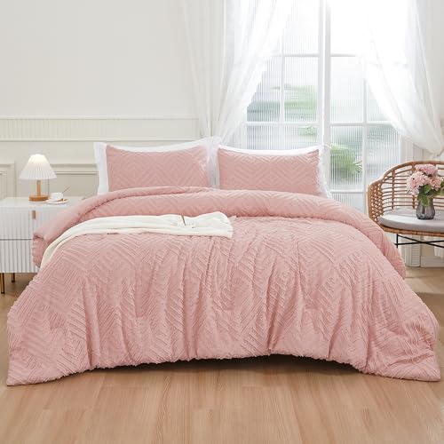 Andency Blush Pink Queen Size Comforter, Boho Lightweight Fluffy Bedding for Girls Women, 3 Pieces Tufted Farmhouse Bed Set All Seasons (1 Comforter 90x90In, 2 Pillowcases)