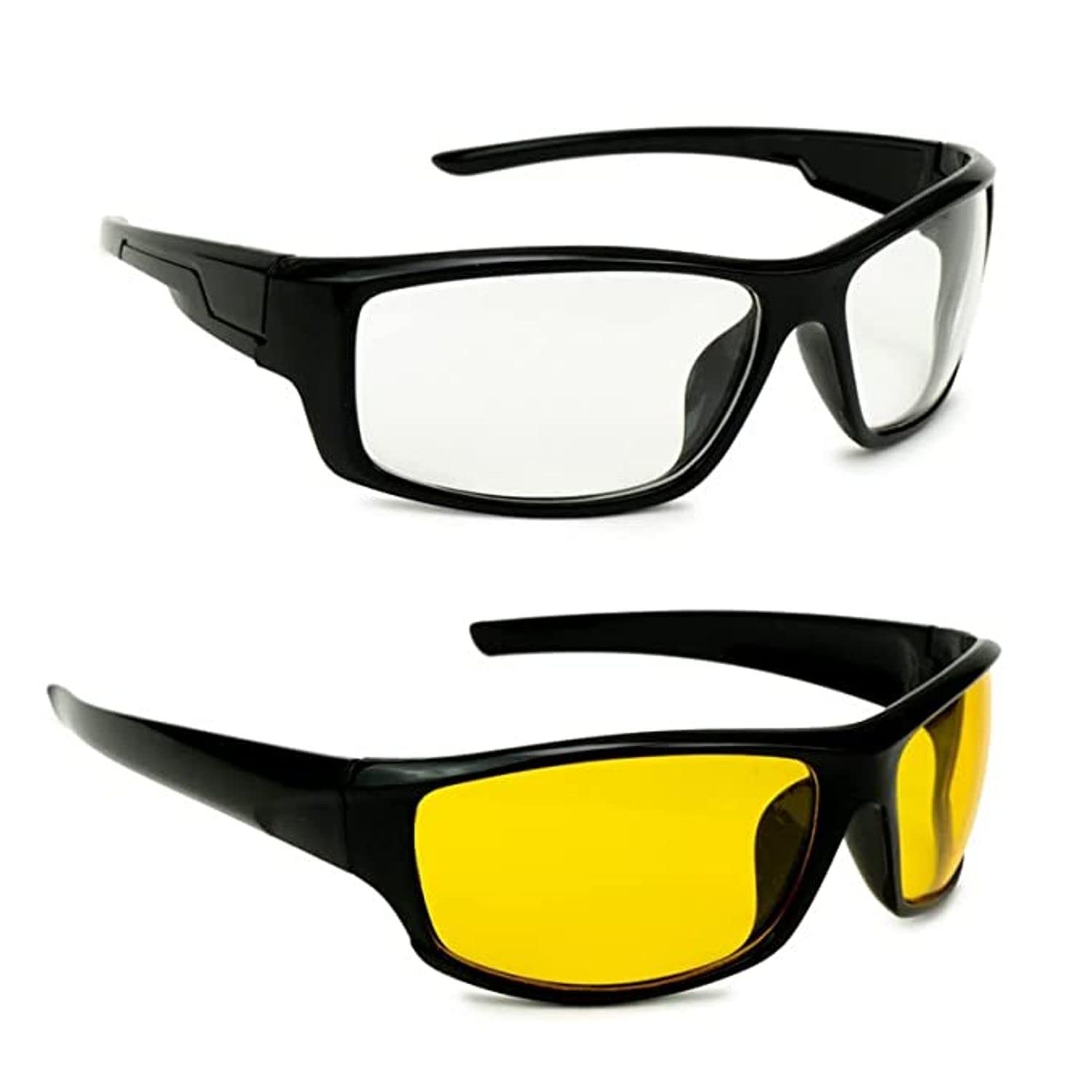 Stylish Unisex Combo Offer Pack Of Night Drive Driving Sunglasses For Men And Women Uv Protected (Lens Yellow, Clear || Frame Black) - 2 Goggles-image-20