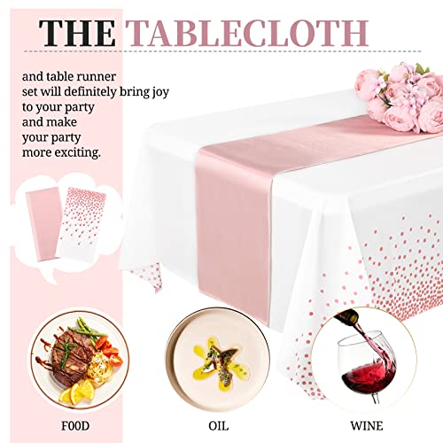 Fani 16 Pack Rose Gold Plastic Tablecloths Set 54X108 Inch Disposable Rectangle Waterproof Table Cover And 12X108 Inch Satin Table Runner For Party Decoration Wedding Birthday Celebration Anniversary thumb #4