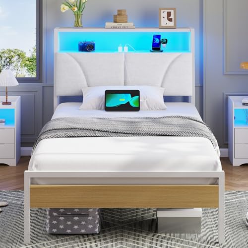 Brinlawb Bett 90x200 mit Lattenrost aus Metall, Bettgestell 90x200 cm mit LED Beleuchtung, Jugendbett 90x200 mit Kopfteil und Ladestation(2 AC-Steckdosen,2 USB-Anschlüsse) Metallbett einzelbett Weiß