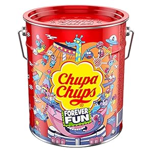 Chupa Chups Best of Lollipop-Eimer, 150 Lutscher in der Aufbewahrungsdose, Pop-Art Metalldose in zwei verschiedenen Designs, mit 6 Geschmacksrichtungen, Ideal also Vorrat oder Geschenk