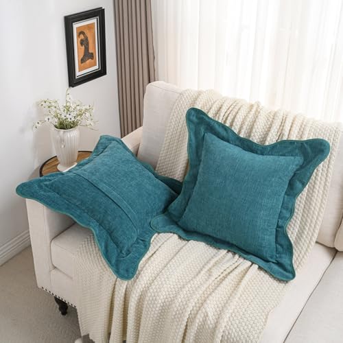 FUTEI Pack of 2 Solid Scalloped Bordered Throw Pillow Covers 20x20 Inch Soft Chenille Decorative Cushion Cases Farmhouse Accent for Couch Bed Living Room, Teal by FUTEI - Used condition - Image 5