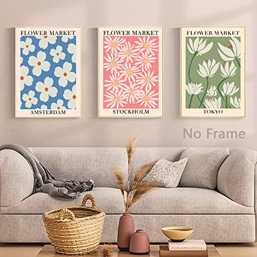 Bfgsrtcbox Flower Market Canvas Art Pink Blue Green Print Set Abstract Wall Tokyo Poster For Home Decor 16X24Inchx3Pcs No Frame #TOP4