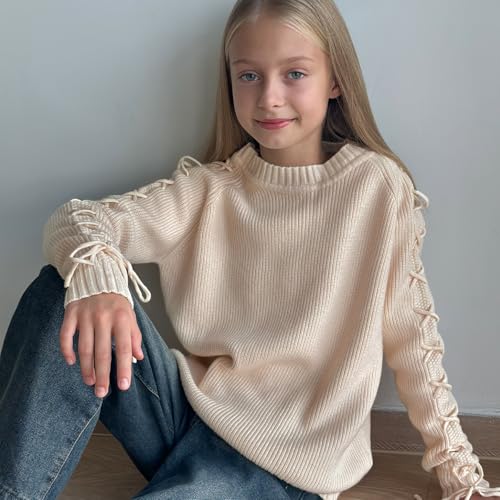 Image of Curipeer Girls Pullover Sweaters, Lace-up Long Sleeve Crewneck | Soft Warm Classic Cable Knit, Winter Fall Spring Daily Wear, Little Kids Tween Girl